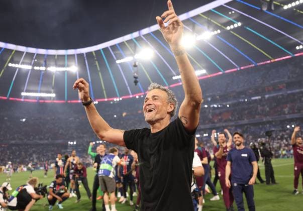 Munich, Germany, 31st May 2025. Luis Enrique coach of Paris St Germain celebrates winning the Champions League during the Paris Saint Germain vs Internazionale UEFA Champions League Final match at Munich Football Arena, Munich. Picture credit should read: David Klein Sportimage EDITORIAL USE ONLY. No use with unauthorised audio, video, data, fixture lists, club league logos or live services. Online in-match use limited to 120 images, no video emulation. No use in betting, games or single club league player publications. SPI_109_DK_UCL_Final SPI-3964-0109