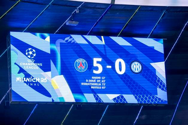 Sport Bilder des Tages scoreboard end result 5-0 Paris Saint-Germain v FC Internazionale Milano, UEFA Champions League Final 2025, Paris Saint-Germain and FC Internazionale Milano, Munich Football Arena, May 31, 2025, Munich, Germany.