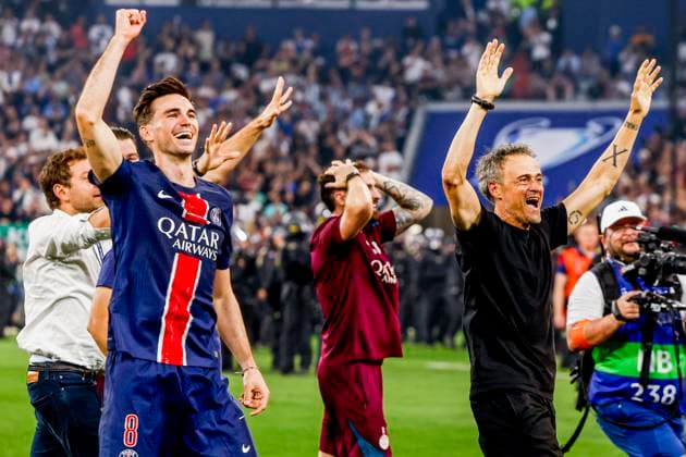 Luis Enrique of Paris Saint-Germain and Fabian Ruiz of Paris Saint-Germain celebrates the UEFA Champions League victory Paris Saint-Germain v FC Internazionale Milano, UEFA Champions League Final 2025, Paris Saint-Germain and FC Internazionale Milano, Munich Football Arena, May 31, 2025, Munich, Germany.