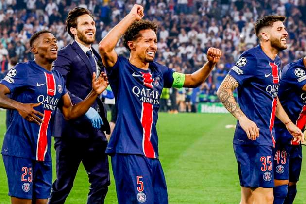 Marquinhos of Paris Saint-Germain and team of Paris Saint-Germain celebrates the UEFA Champions League victory Paris Saint-Germain v FC Internazionale Milano, UEFA Champions League Final 2025, Paris Saint-Germain and FC Internazionale Milano, Munich Football Arena, May 31, 2025, Munich, Germany.