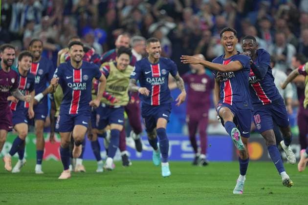 PSG s Senny Mayulu celebrates after scoring 0-5 during the Uefa Champions League Final soccer match between Paris Saint Germain and FC Inter at Allianz Arena in Munich , Germany - Saturday May 31, 2025 . - Soccer  Copyright: xSpada LaPressex