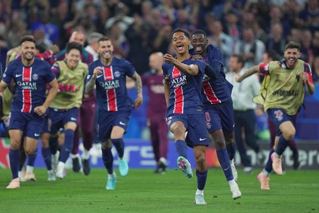 PSG s Senny Mayulu celebrates after scoring 0-5 during the Uefa Champions League Final soccer match between Paris Saint Germain and FC Inter at Allianz Arena in Munich , Germany - Saturday May 31, 2025 . - Soccer  Copyright: xSpada LaPressex