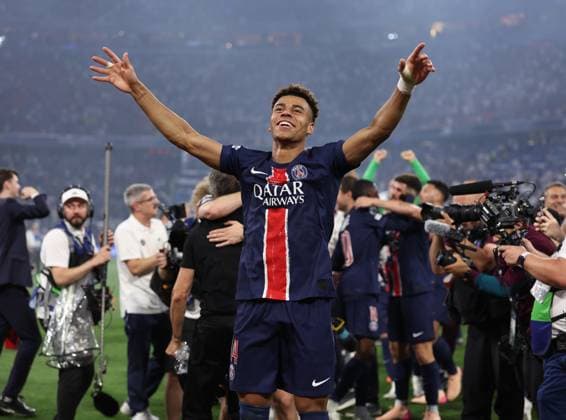 Munich, Germany, 31st May 2025. Desire Doue of Paris St Germain celebrates winning the Champions League during the Paris Saint Germain vs Internazionale UEFA Champions League Final match at Munich Football Arena, Munich. Picture credit should read: David Klein Sportimage EDITORIAL USE ONLY. No use with unauthorised audio, video, data, fixture lists, club league logos or live services. Online in-match use limited to 120 images, no video emulation. No use in betting, games or single club league player publications. SPI_114_DK_UCL_Final SPI-3964-0118