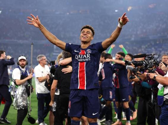 Munich, Germany, 31st May 2025. Desire Doue of Paris St Germain celebrates winning the Champions League during the Paris Saint Germain vs Internazionale UEFA Champions League Final match at Munich Football Arena, Munich. Picture credit should read: David Klein Sportimage EDITORIAL USE ONLY. No use with unauthorised audio, video, data, fixture lists, club league logos or live services. Online in-match use limited to 120 images, no video emulation. No use in betting, games or single club league player publications. SPI_115_DK_UCL_Final SPI-3964-0119
