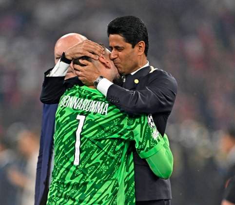 31 05 2025, Football UEFA Champions League Final 2025 Paris St Germain Inter Milan, at Allianz Arena Munich President Nasser Al Khelaifi hugs goalkeeper Gianluigi Donnarumma both FC Paris Saint Germain DFL and DFB regulations prohibit any use of photographs as image sequences and or quasi video