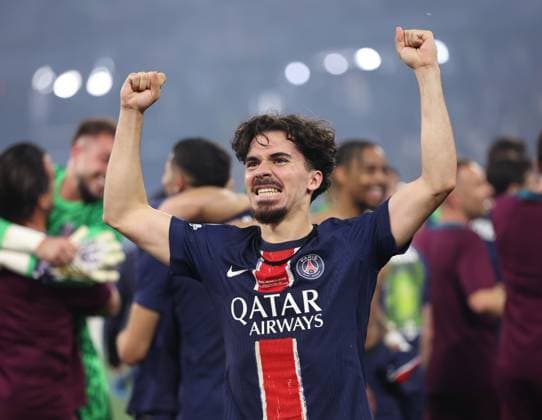 Munich, Germany, 31st May 2025. Vitinha of Paris St Germain celebrates winning the Champions League during the Paris Saint Germain vs Internazionale UEFA Champions League Final match at Munich Football Arena, Munich. Picture credit should read: David Klein Sportimage EDITORIAL USE ONLY. No use with unauthorised audio, video, data, fixture lists, club league logos or live services. Online in-match use limited to 120 images, no video emulation. No use in betting, games or single club league player publications. SPI_121_DK_UCL_Final SPI-3964-0123