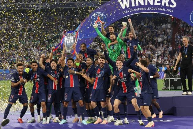Marquinhos of PSG lifts the Champions League trophy Paris Saint-Germain v Inter Milan, UEFA Champions League Final, Football, Allianz Arena, Munich, Germany - 31 May 2025 EDITORIAL USE ONLY No use with unauthorised audio, video, data, fixture lists, club league logos or live services. Online in-match use limited to 120 images, no video emulation. No use in betting, games or single club league player publications. Copyright: xAhmadxMora Shutterstockx 15330932at