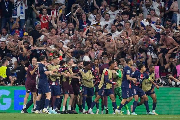 May 31, 2025, Munich, Baviera, Germany: Khvicha Kvaratskhelia of Paris Saint-Germain celebrates a goal during of the UEFA Champions League Final 2025 between Paris Saint-Germain and FC Internazionale Milano at Munich Football Arena on May 31, 2025 in Munich, Germany. Munich Germany - ZUMAa181 20250531_zaa_a181_348 Copyright: xDennisxAgyemanx