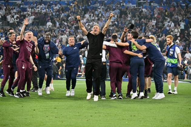 31 05 2025, xsltx, Football UEFA Champions League Final 2025, Paris St Germain Inter Milan v l jubilation, joy at winning the Champions League Coach Luis Enrique Paris St Germain DFL DFB REGULATIONS PROHIBIT ANY USE OF PHOTOGRAPHS as IMAGE SEQUENCES and or QUASI VIDEO Muenchen