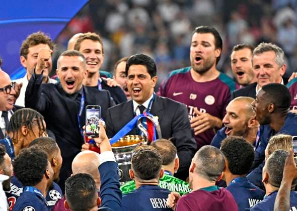 31 05 2025, Football UEFA Champions League Final 2025 Paris St Germain Inter Milan, in the Allianz Arena Munich President Nasser Al Khelaifi FC Paris Saint Germain cheers with the handle pot with the cup DFL and DFB regulations prohibit any use of photographs as image sequences and or quasi video