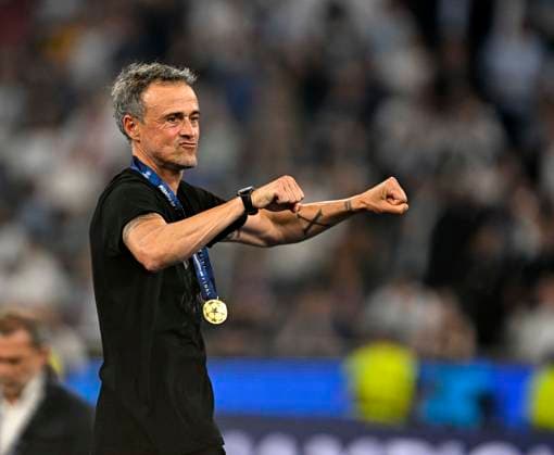 31 05 2025, Football UEFA Championsleague Final 2025 Paris St Germain Inter Milan, in the Allianz Arena Munich Coach Luis Enrique FC Paris Saint Germain cheers thoughtfully DFL and DFB regulations prohibit any use of photographs as image sequences and or quasi video