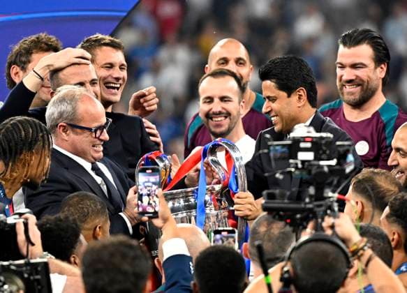 31 05 2025, Football UEFA Champions League Final 2025 Paris St Germain Inter Milan, in the Allianz Arena Munich The Paris team celebrates, here the President Nasser Al Khelaifi hands over Paris DFL and DFB regulations prohibit any use of photographs as image sequences and or quasi video