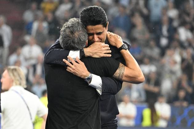 31 05 2025, xsltx, Football UEFA Champions League Final 2025, Paris St Germain Inter Milan v l jubilation, joy at winning the Champions League Chairman Nasser Al Khelaifi Paris St Germain Coach Coach Luis Enrique Paris St Germain DFL DFB REGULATIONS PROHIBIT ANY USE OF PHOTOGRAPHS as IMAGE SEQUENCES and or QUASI VIDEO Muenchen