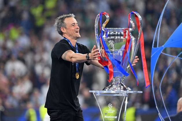 Coach Luis ENRIQUE PSG on Cup,Cup,Trophy, Joy, Award Ceremony, Football UEFA Champions League Final Paris Saint Germain PSG Inter Milan 5 0, on 31 05 2025 Munich Football Arena, Â