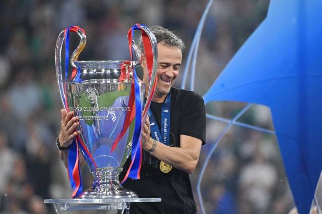 Coach Luis ENRIQUE PSG on Cup,Cup,Trophy, Joy, Award Ceremony, Football UEFA Champions League Final Paris Saint Germain PSG Inter Milan 5 0, on 31 05 2025 Munich Football Arena, Â