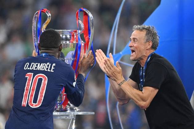 Coach Luis ENRIQUE PSG and Ousmane Dembele PSG at the Cup,Cup,Trophy, joy, award ceremony, Football UEFA Champions League Final Paris Saint Germain PSG Inter Milan 5 0, on 31 05 2025 Munich Football Arena, Â