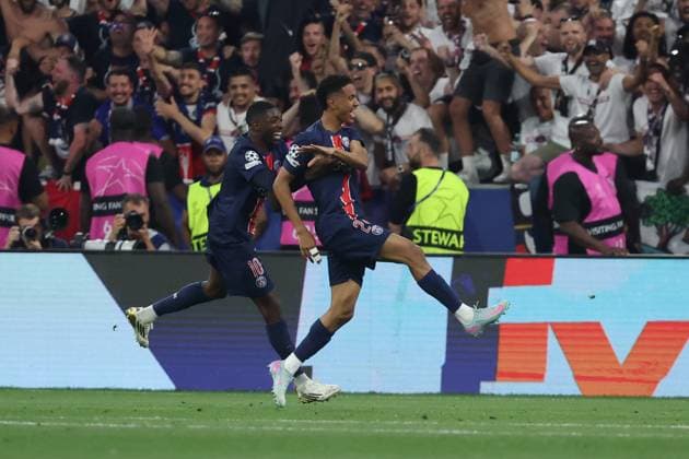 Senny Mayulu of Paris Saint-Germain celebrates scoring the 5-0 goal during the UEFA Champions League Final between Paris Saint-Germain and FC Internazionale Milano at the Munich Football Arena on May 31, 2025 in Munich, Germany. UEFA Champions League Final 2025 - Paris Saint-Germain v FC Internazionale Milano