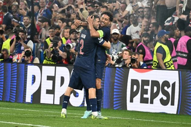 31 05 2025, xsltx, Football UEFA Champions League Final 2025, Paris St Germain Inter Milan v l Goal celebration after the goal to celebrate the goal celebrate 5 0 Achraf Hakimi Paris St Germain Marquinhos Paris St Germain DFL DFB REGULATIONS PROHIBIT ANY USE OF PHOTOGRAPHS as IMAGE SEQUENCES and or QUASI VIDEO Muenchen