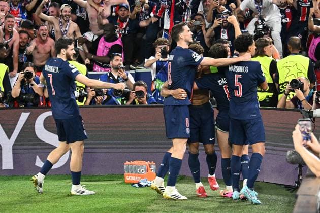 31 05 2025, xsltx, Football UEFA Champions League Final 2025, Paris St Germain Inter Milan v l Goal celebration after the goal to celebrate the goal celebrate 3 0 by Desire Doue Paris St Germain DFL DFB REGULATIONS PROHIBIT ANY USE OF PHOTOGRAPHS as IMAGE SEQUENCES and or QUASI VIDEO Muenchen