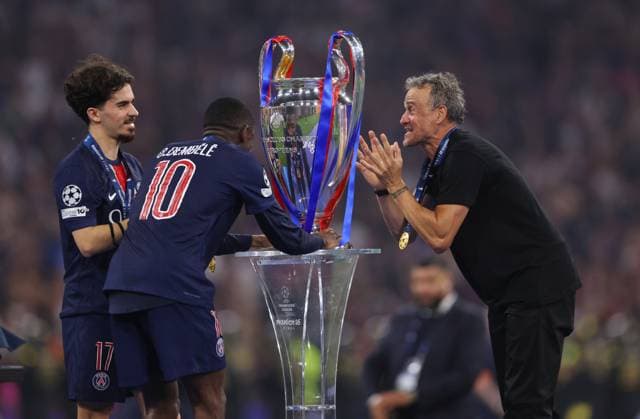Munich, Germany, 31st May 2025. Vitinha (l) Ousmane Dembele (c) and Luis Enrique (r) coach of Paris St Germain during the Paris Saint Germain vs Internazionale UEFA Champions League Final match at Munich Football Arena, Munich. Picture credit should read: David Klein Sportimage EDITORIAL USE ONLY. No use with unauthorised audio, video, data, fixture lists, club league logos or live services. Online in-match use limited to 120 images, no video emulation. No use in betting, games or single club league player publications. SPI_136_DK_UCL_Final SPI-3964-0138