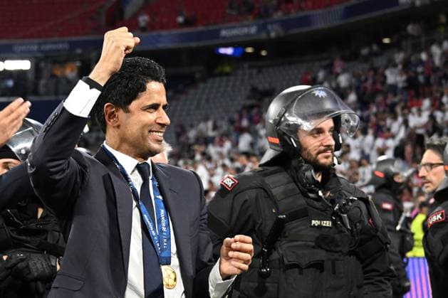 31 05 2025, xsltx, Football UEFA Champions League Final 2025, Paris St Germain Inter Milan v l jubilation, joy at winning the Champions League Chairman Nasser Al Khelaifi Paris St Germain DFL DFB REGULATIONS PROHIBIT ANY USE OF PHOTOGRAPHS as IMAGE SEQUENCES and or QUASI VIDEO Muenchen