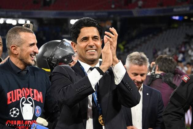 31 05 2025, xsltx, Football UEFA Champions League Final 2025, Paris St Germain Inter Milan v l jubilation, joy at winning the Champions League Chairman Nasser Al Khelaifi Paris St Germain DFL DFB REGULATIONS PROHIBIT ANY USE OF PHOTOGRAPHS as IMAGE SEQUENCES and or QUASI VIDEO Muenchen