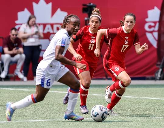 May 31, 2025, Winnipeg, Mb, CANADA: Canada s Desiree Scott (11) and Jessie Fleming (17) defend against Haiti s Melchie Dumornay (6) during first half soccer action in Winnipeg, Saturday, May 31, 2025. Haiti Canada Womens Soccer  - ZUMAc35_ 20250531_zaf_c35_091 Copyright: xJohnxWoodsx
