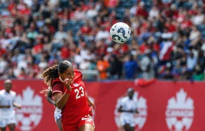 May 31, 2025, Winnipeg, Mb, CANADA: Canada s Olivia Smith (23) heads the ball for the goal against Haiti during second half soccer action in Winnipeg, Saturday, May 31, 2025. Haiti Canada Womens Soccer  - ZUMAc35_ 20250531_zaf_c35_093 Copyright: xJohnxWoodsx
