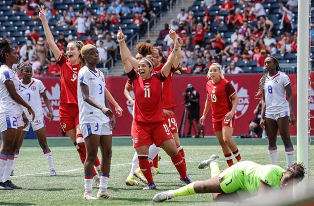 May 31, 2025, Winnipeg, Mb, CANADA: Canada s Desiree Scott (11) celebrates Shelina Zadorsky s (4) goal against Haiti during second half soccer action in Winnipeg, Saturday, May 31, 2025. Haiti Canada Womens Soccer  - ZUMAc35_ 20250531_zaf_c35_104 Copyright: xJohnxWoodsx