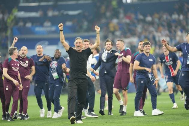 2025 UEFA Champions League Final: Paris Saint-Germain F.C. vs. FC Internazionale Milano Coach Luis Enrique of Paris Saint-Germain F.C. celebrates winning the Champions League for the first time after the 2025 UEFA Champions League Final: Paris Saint-Germain F.C. vs. FC Internazionale Milano on 31 May 2025, at Munich Football Arena, in Munich, Germany Munich Munich Football Arena Germany Copyright: xAlexandraxFechetex DSC0361901