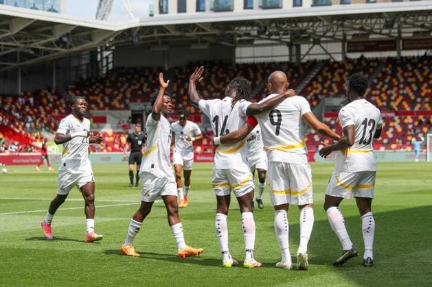 Jordan Ayew of Ghana celebrates with his teammates as he scores to make it 1-0 Ghana v Trinidad and Tobago, Football, The Unity Cup, Gtech Community Stadium, London, UK, 31 05 25 EDITORIAL USE ONLY No use with unauthorised audio, video, data, fixture lists (outside the EU), club league logos or live services. Online in-match use limited to 45 images (+15 in extra time). No use to emulate moving images. No use in betting, games or  Copyright: xAnthonyxHanc Shutterstockx 15333741cl