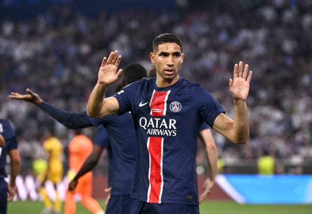 MUNICH, GERMANY - MAY 31: Achraf Hakimi of Paris Saint-Germain celebrates after scoring his team s first goal ,during the UEFA Champions League Final 2025 between Paris Saint-Germain and FC Internazionale Milano at Allianz Arena on May 31, 2025 in Munich, Germany. SPO 
