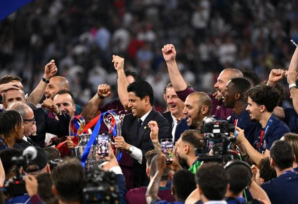 MUNICH, GERMANY - MAY 31: Nasser Al Khelaifi CEO of Paris Saint Germain celebrates the UEFA Champions League victory with the trophy during the UEFA Champions League Final match between Paris Saint Germain and FC Internazionale Milano at the Allianz Arena on May 31, 2025 iMunich ,Germany .SPO 