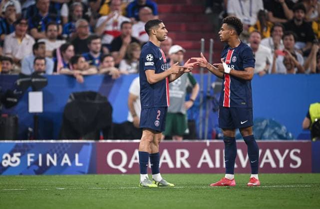 Football CHL FINAL 2024 2025 Final in Munich 31 05 2025 Paris Saint Germain Inter Milan CHEERS Paris Saint Germain goal scorers for 2 0 Desire Doue right and Achraf Hakimi left