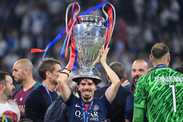 Vitinha PSG with trophy,Cup,Trophaee, Award Ceremony, Football UEFA Champions League Final Paris Saint Germain PSG Inter Milan 5 0, on 31 05 2025 Munich Football Arena,