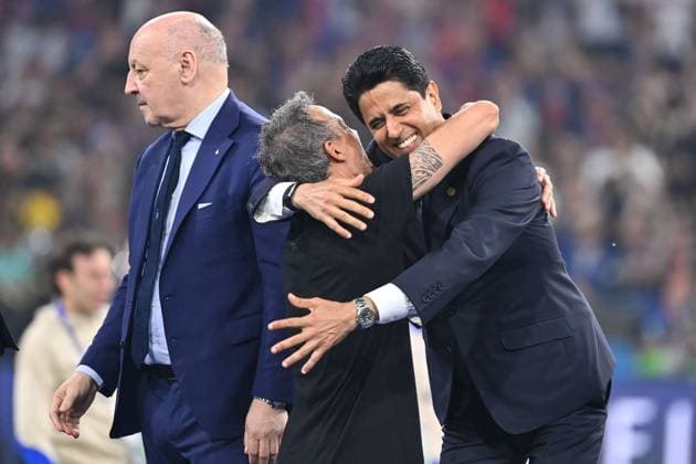 Nasser EL KHELAIFI President PSG , Coach Luis ENRIQUE PSG , li Giuseppe MAROTTA President Milan , Award ceremony, Football UEFA Champions League Final Paris Saint Germain PSG Inter Milan 5 0, on 31 05 2025 Munich Football Arena,