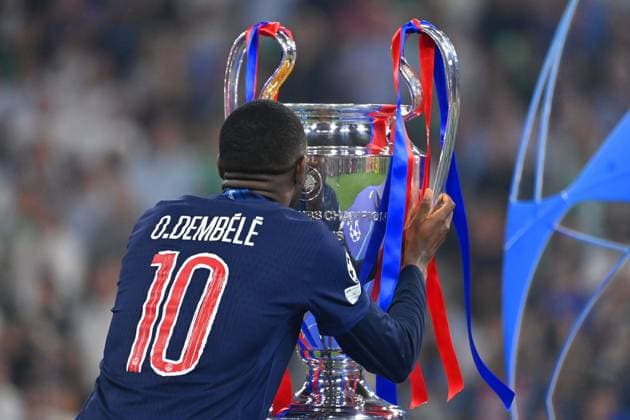 Ousmane Dembele PSG kisses the trophy,Cup,Trophy, award ceremony, Football UEFA Champions League Final Paris Saint Germain PSG Inter Milan 5 0, on 31 05 2025 Munich Football Arena,