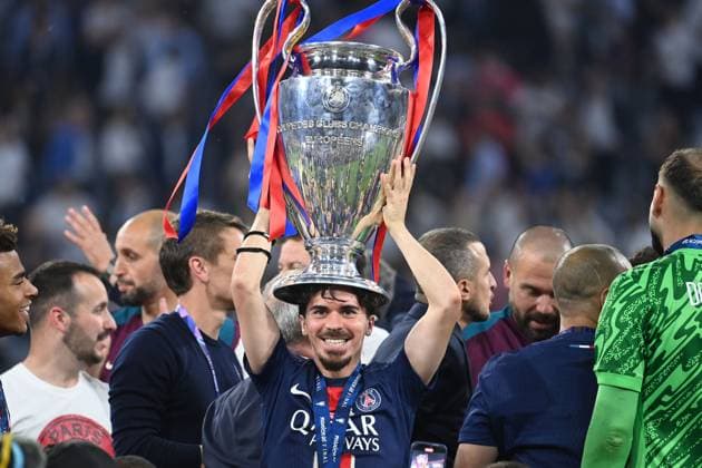 Vitinha PSG with trophy,Cup,Trophaee, Award Ceremony, Football UEFA Champions League Final Paris Saint Germain PSG Inter Milan 5 0, on 31 05 2025 Munich Football Arena,