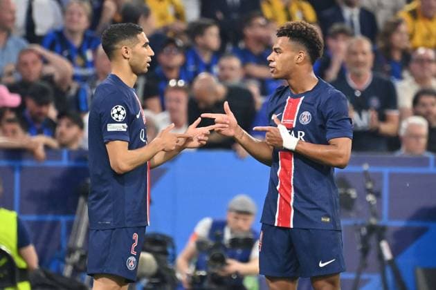 Goal celebration from left Achraf Hakimi PSG , Desire Doue PSG after scoring 1 0, cheering, joy, enthusiasm, action Football UEFA Champions League Final Paris Saint Germain PSG Inter Milan 5 0, on 31 05 2025 Munich Football Arena,
