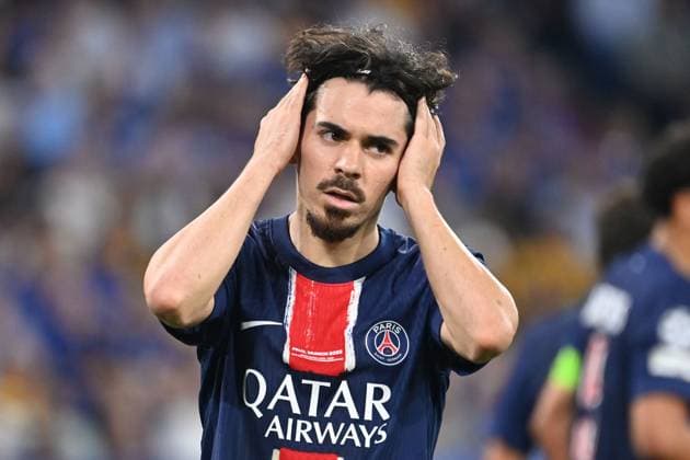 Vitinha PSG , disappointment, frustration, disappointed, frustrated, dejected, action, single image, cropped single motif, half figure, half figure Football UEFA Champions League Final Paris Saint Germain PSG Inter Milan 5 0, on 31 05 2025 Munich Football Arena,