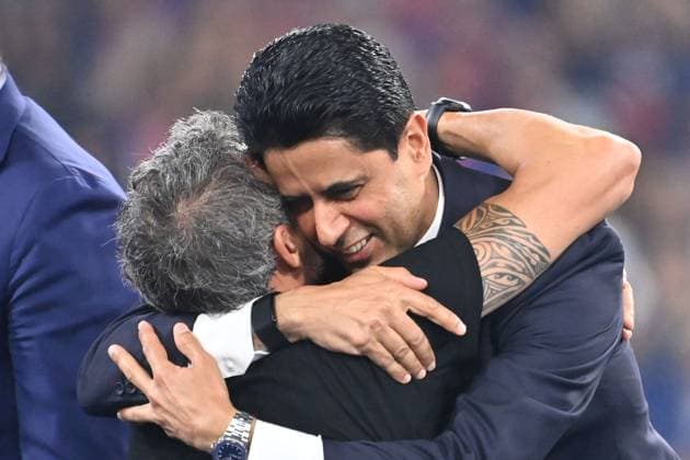 Nasser EL KHELAIFI President PSG , Coach Luis ENRIQUE PSG , Award Ceremony, Football UEFA Champions League Final Paris Saint Germain PSG Inter Milan 5 0, on 31 05 2025 Munich Football Arena,