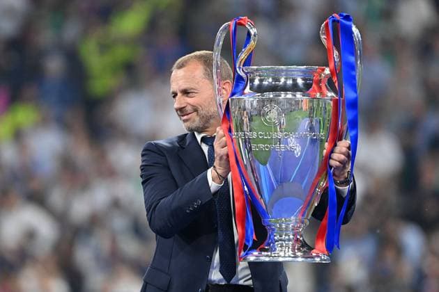 UEFA President Aleksander CEFERIN with the cup, trophy, award ceremony, Football UEFA Champions League Final Paris Saint Germain PSG Inter Milan 5 0, on 31 05 2025 Munich Football Arena,