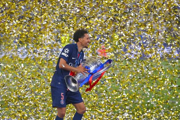 MARQUINHOS PSG with trophy,cup,trophaee,cheering,joy,enthusiasm,award ceremony,confetti rain,action,single image,cropped single motif,half figure,half figure Football UEFA Champions League Final Paris Saint Germain PSG Inter Milan 5 0, on 31 05 2025 Munich Football Arena,