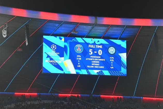 Video wall with final score, result Football UEFA Champions League Final Paris Saint Germain PSG Inter Milan 5 0, on 31 05 2025 Munich Football Arena,
