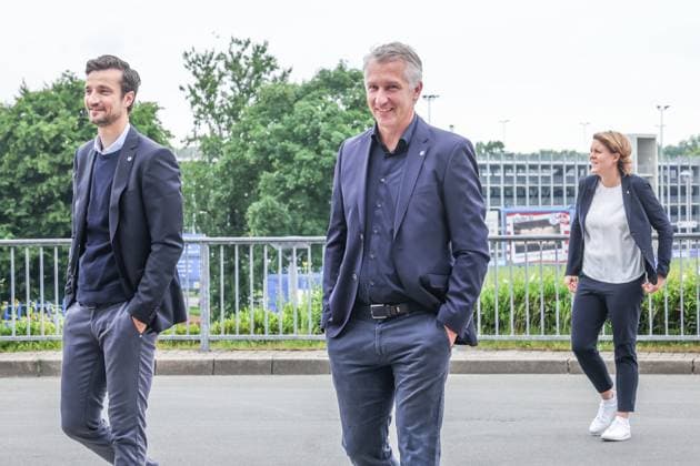 01 06 2025, Football, Season 2024 2025, 2 Bundesliga, Presentation of Frank Baumann, f l Matthias Tillmann FC Schalke 04 , Chief Sports Officer Frank Baumann FC Schalke 04 , Christina Rühl Hamers FC Schalke 04 Gelsenkirchen Veltins Arena NRW Germany xRHR FOTOx Copyright: RHR-FOTOx RHR-FOTO