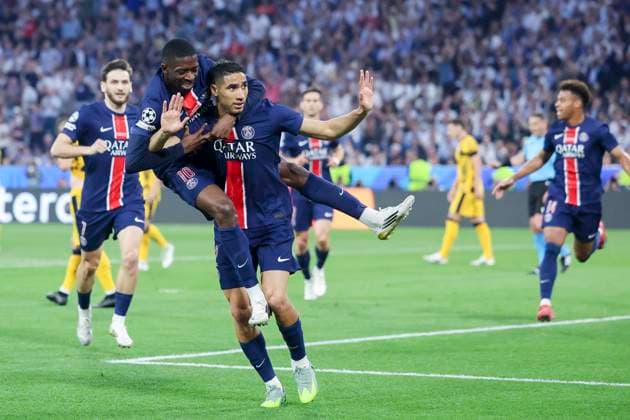 Achraf Hakimi Paris Saint Germain celebrates after scoring his teams first goal with Ousmane Dembele Paris Saint Germain , UEFA Champions League Final 2025, Paris Saint Germain and FC Internazionale Milano, Allianz Arena on 31 May 2025 in Munich, Germany Photo by Marco Steinbrenner DeFodi Images Achraf Hakimi Paris Saint Germain celebrates after scoring his teams first goal with Ousmane Dembele Paris Saint Germain , UEFA Champions League Final 2025, Paris Saint Germain and FC Internazionale Milano, Munich Football Arena, May 31, 2025 in Munich, Germany Photo by Marco Steinbrenner DeFodi Images