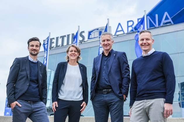 Presentation of Frank Baumann as Chief Sports Officer on 01 06 2025 at the VELTINS Arena in Gelsenkirchen From left to right Matthias Tillmann Chairman of the Schalke Management Board , Christina Rühl Hamers Member of the Management Board , Frank Baumann Chief Sports Officer Schalke , Axel Hefer Chairman of the Supervisory Board xJRx