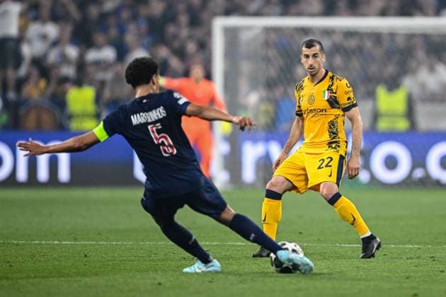 Marquinhos Paris Saint Germain and Henrikh Mkhitaryan FC Internazionale Milano battle for the ball during the UEFA Champions League Final 2025 between Paris Saint Germain and FC Internazionale Milano at Munich Football Arena on May 31, 2025 in Munich, Germany Photo by Harry Langer DeFodi Images