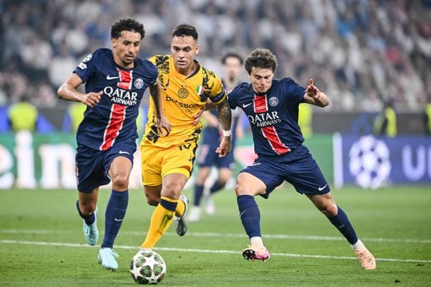 Marquinhos Paris Saint Germain , Lautaro Martinez FC Internazionale Milano and Joao Neves Paris Saint Germain battle for the ball during the UEFA Champions League Final 2025 between Paris Saint Germain and FC Internazionale Milano at Munich Football Arena on May 31, 2025 in Munich, Germany Photo by Harry Langer DeFodi Images