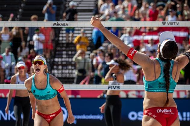 Pro Tour Beach volleyball, Beachvolleyball tournament, category Elite, took place in Ostrava, Czech Republic, on June 1, 2025. Tina Graudina (pictured left) and Anastasija Samoilova (right) of Latvia vs. Anouk Verge-Depre, Zoe Verge-Depre of Switzerland. (CTKxPhoto VladimirxPrycek) CTKPhotoP2025060101974  CTKPhotoP2025060101974